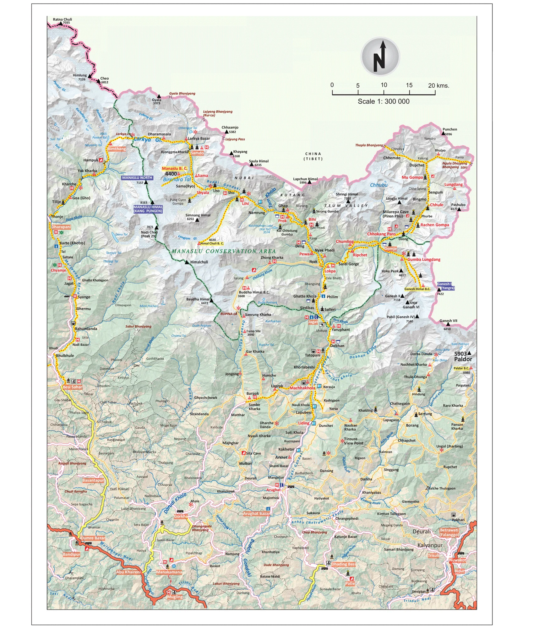 Detailed Manaslu Circuit Trek Map with scale